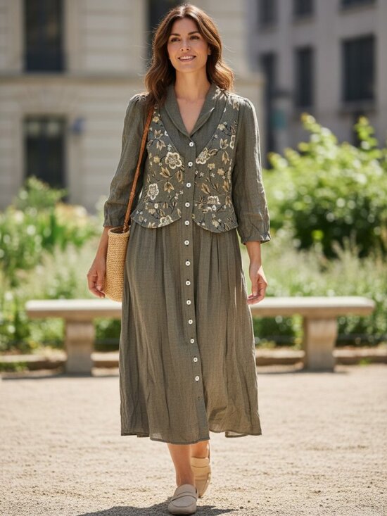 Ultra Dress Dresses & Skirts - Ultra Dress Floral Embroidered Button-Down Midi Dress 10 Rayon Green Vintage
